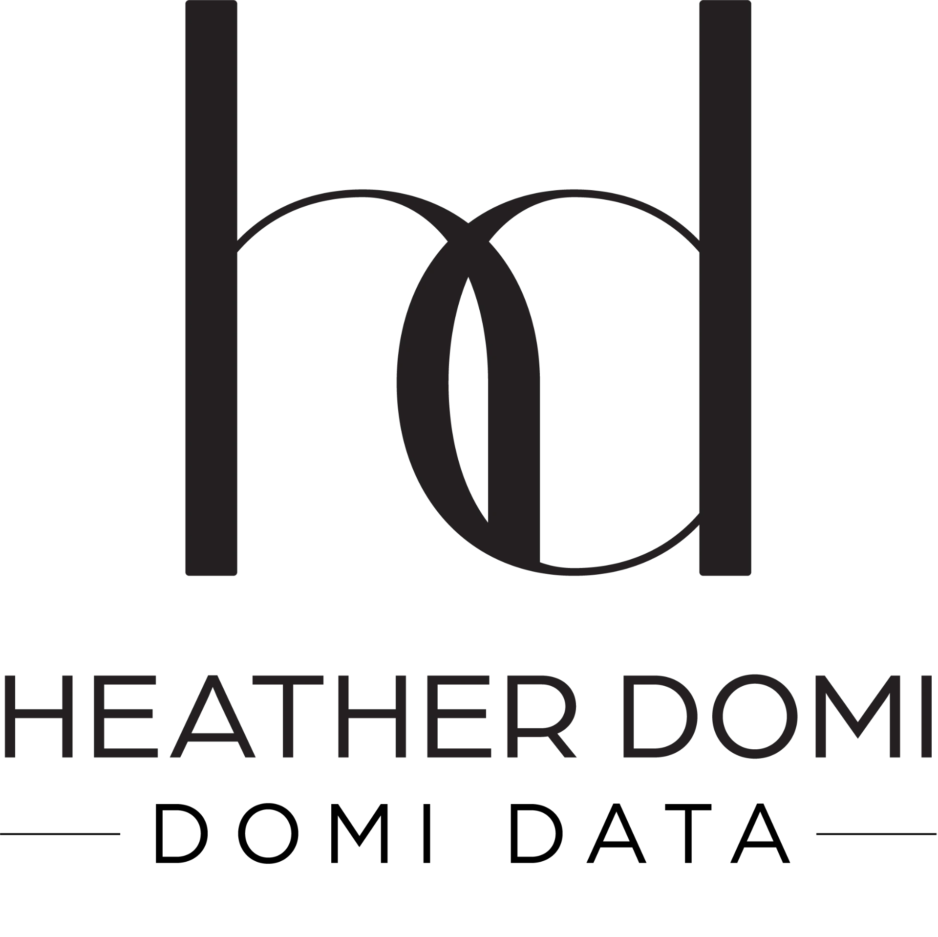 Heather Domi and Domi Data logo lockup: an interlocking hd monogram above the words Heather Domi and Domi Data.