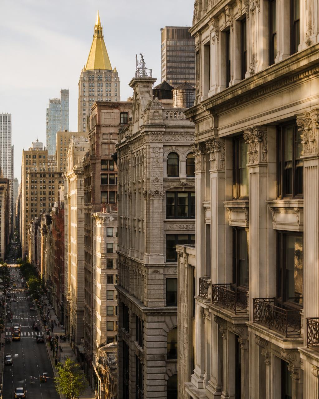 The Broadway corridor in NoMad at golden hour, ornate Beaux-Arts limestone facades in the foreground and the gilded pyramid crown of the New York Life Building rising beyond.